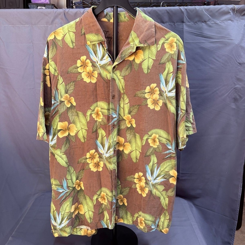 Tommy Bahama Hawaiian Camp Shirt Silk Mens XL Brown Yellow Tropical Floral Multi